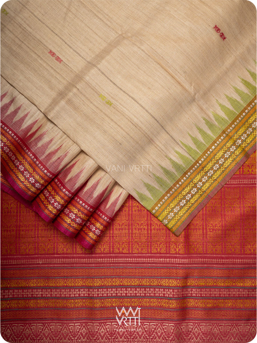 Off White Banana Green Red  Ananta Handspun Tussar Silk Saree