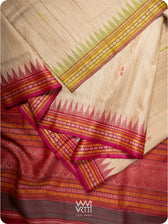 Off White Banana Green Red  Ananta Handspun Tussar Silk Saree
