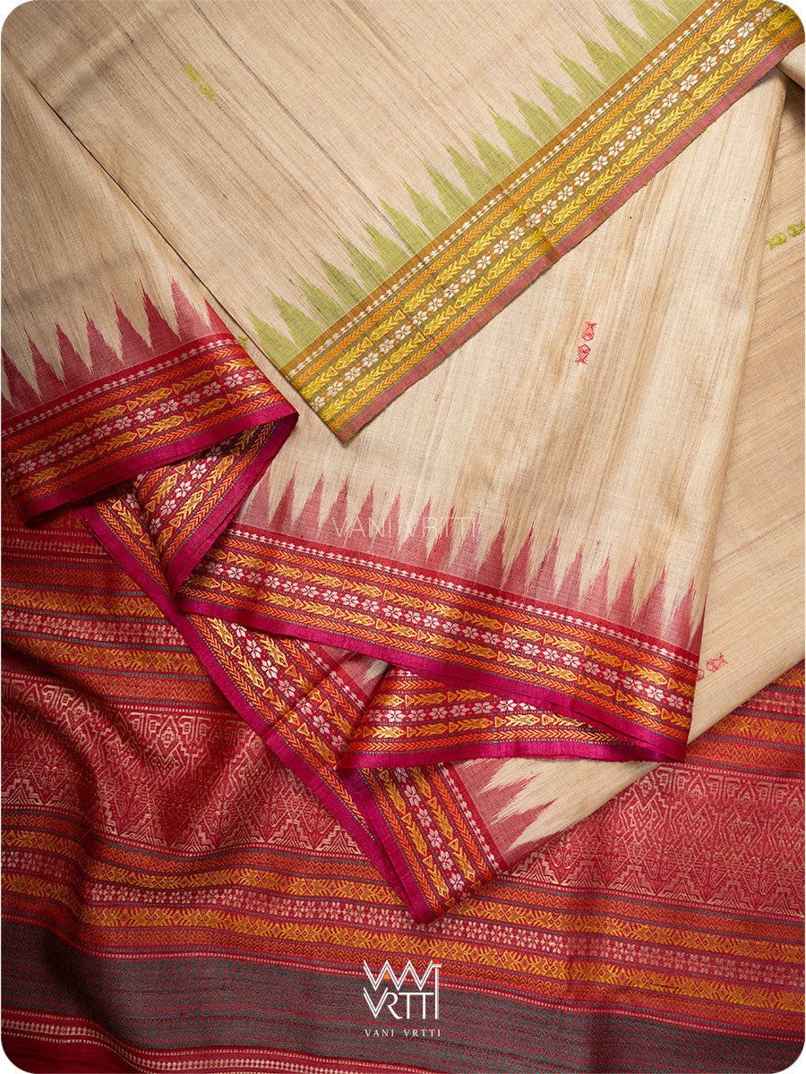 Off White Banana Green Red  Ananta Handspun Tussar Silk Saree