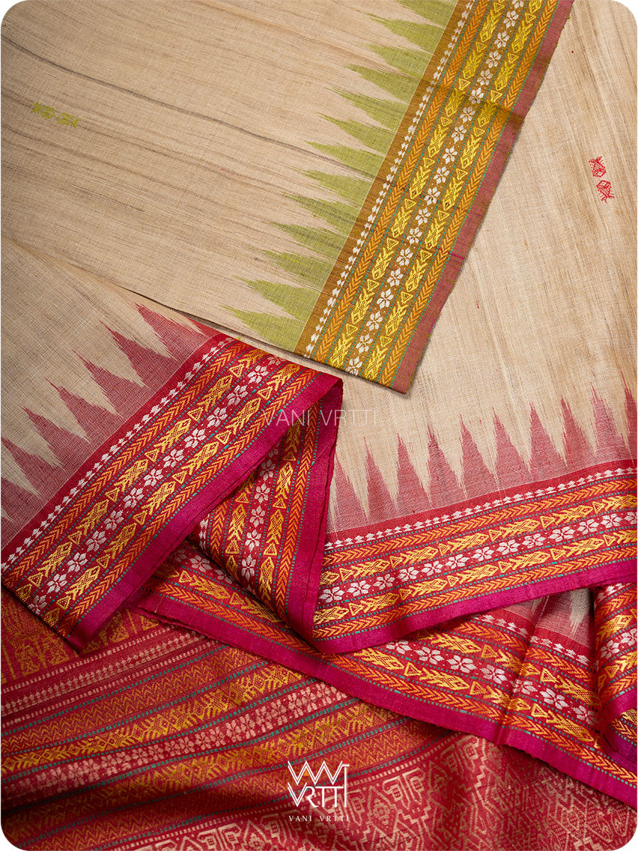 Off White Banana Green Red  Ananta Handspun Tussar Silk Saree