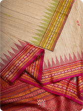 Off White Banana Green Red  Ananta Handspun Tussar Silk Saree