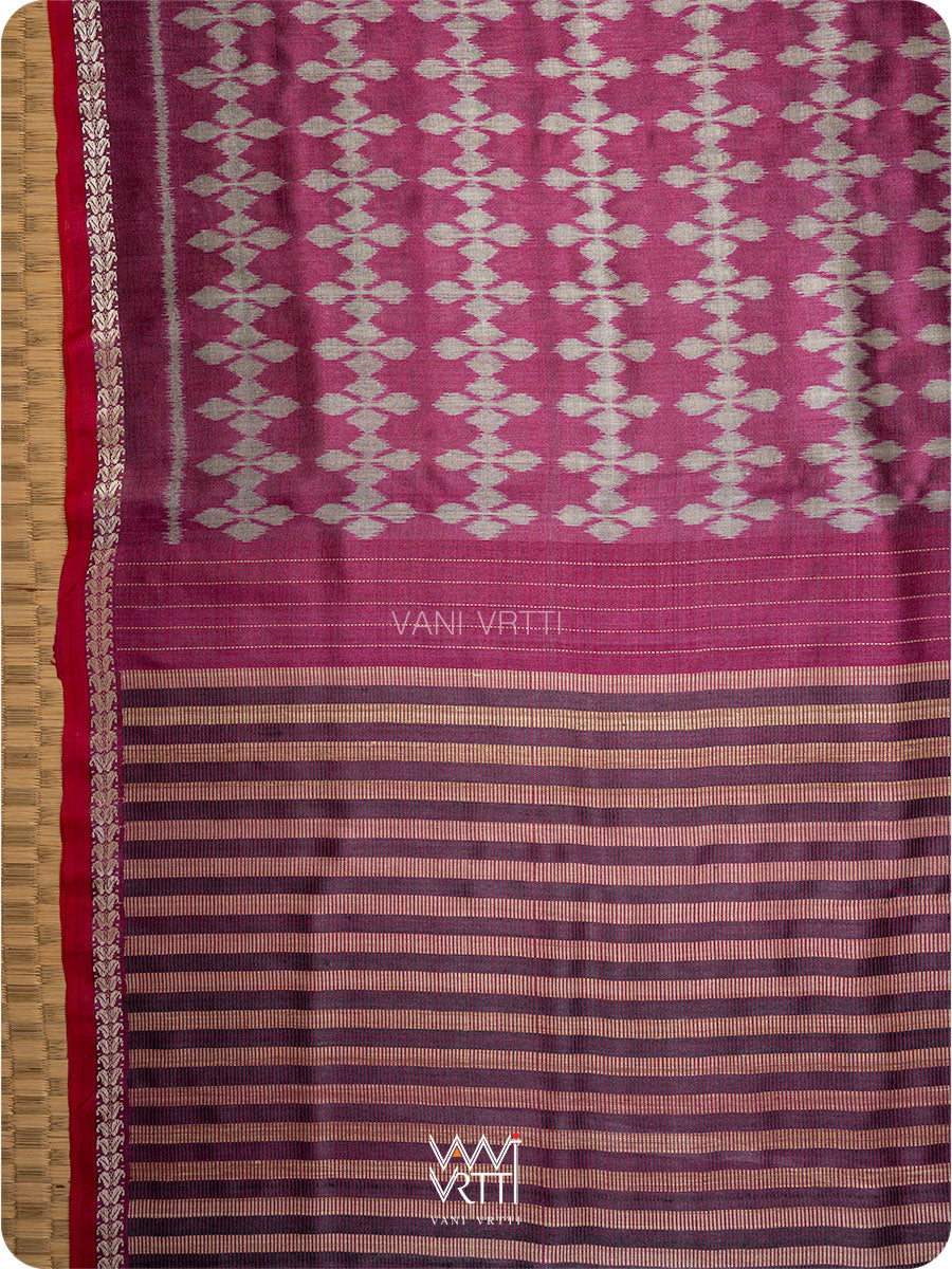 Wine Pink Clover Leaf  Ikat Handspun Tussar Saree