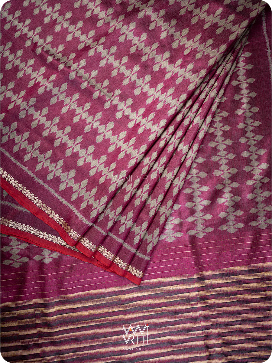Wine Pink Clover Leaf  Ikat Handspun Tussar Saree