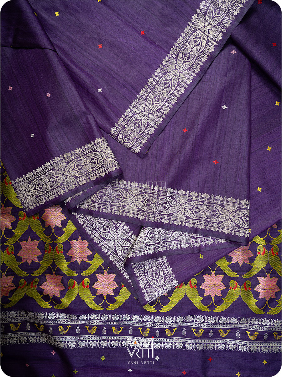 Deep Baingani Lotus Parrot Jaal Designer Exclusive Handspun Handwoven Tussar Silk Saree