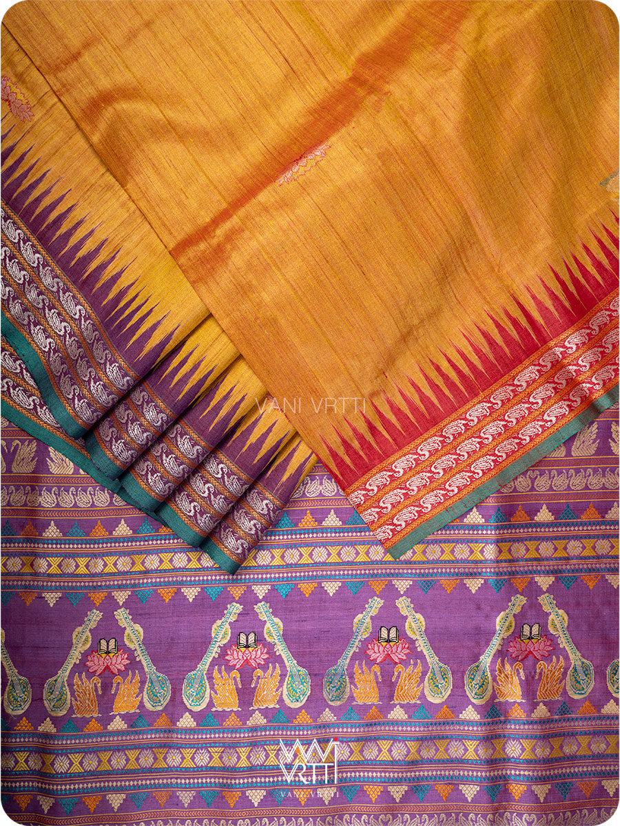 Mango Yellow Red Purple Ganga Jamuna Veena Pani Lata Master Weave Exclusive Handspun Tussar Silk Saree