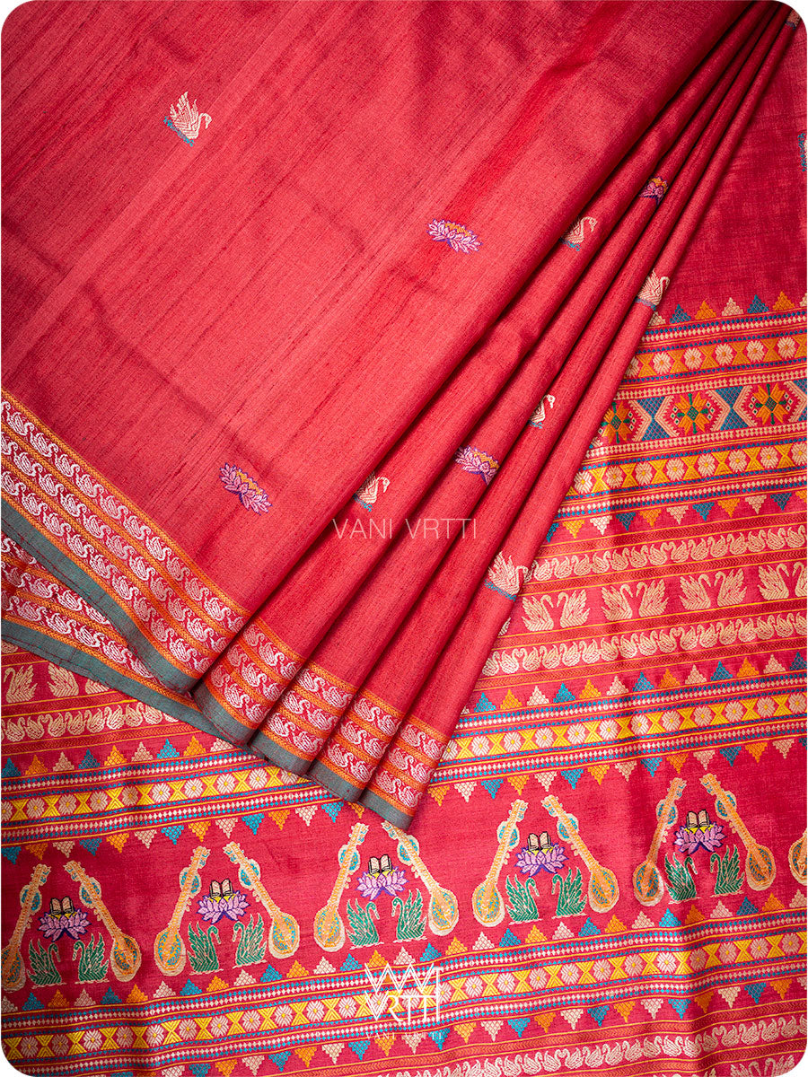 Red Veena Pani Lata Master Weave Exclusive Handspun Tussar Silk Saree
