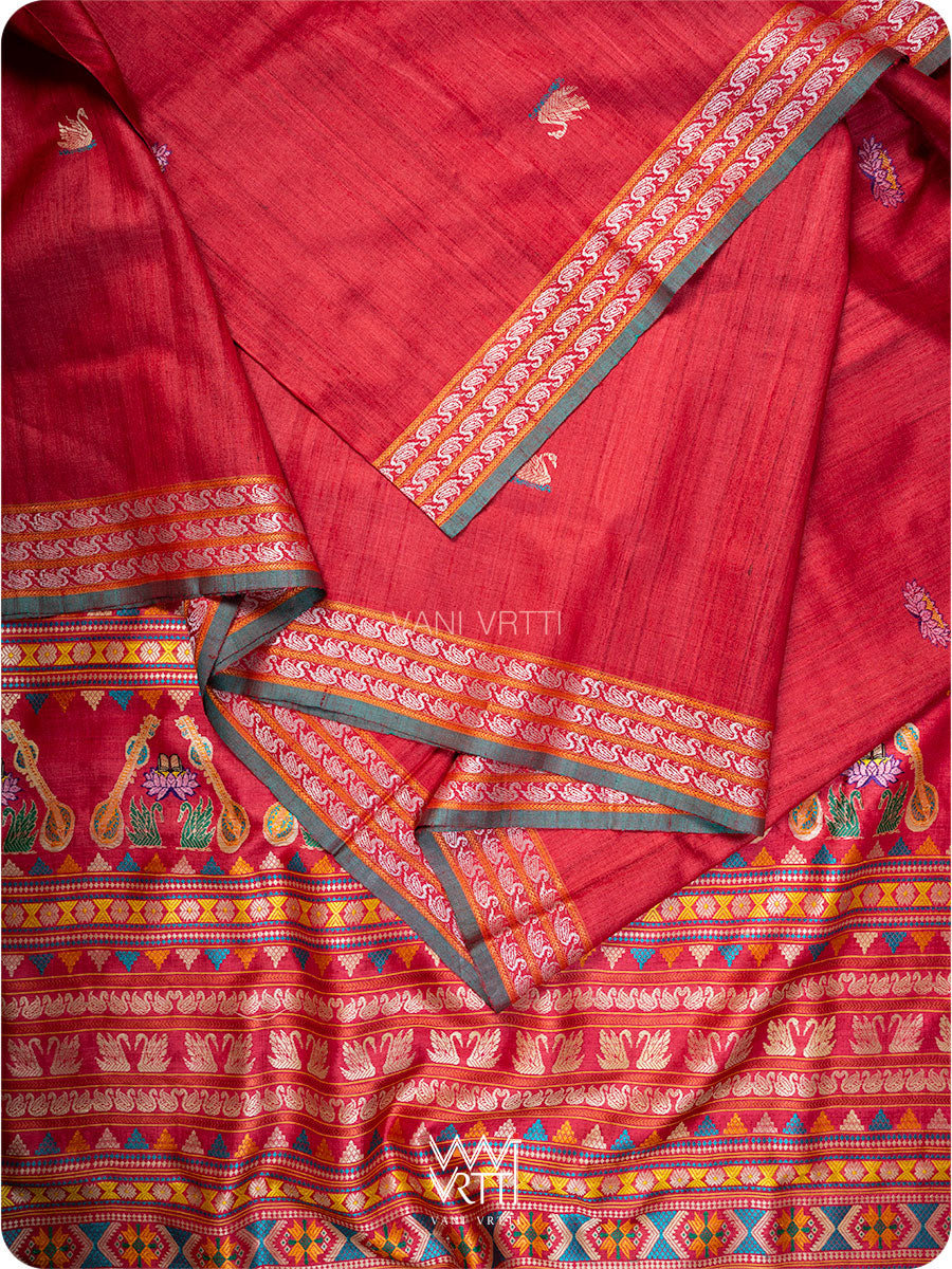 Red Veena Pani Lata Master Weave Exclusive Handspun Tussar Silk Saree