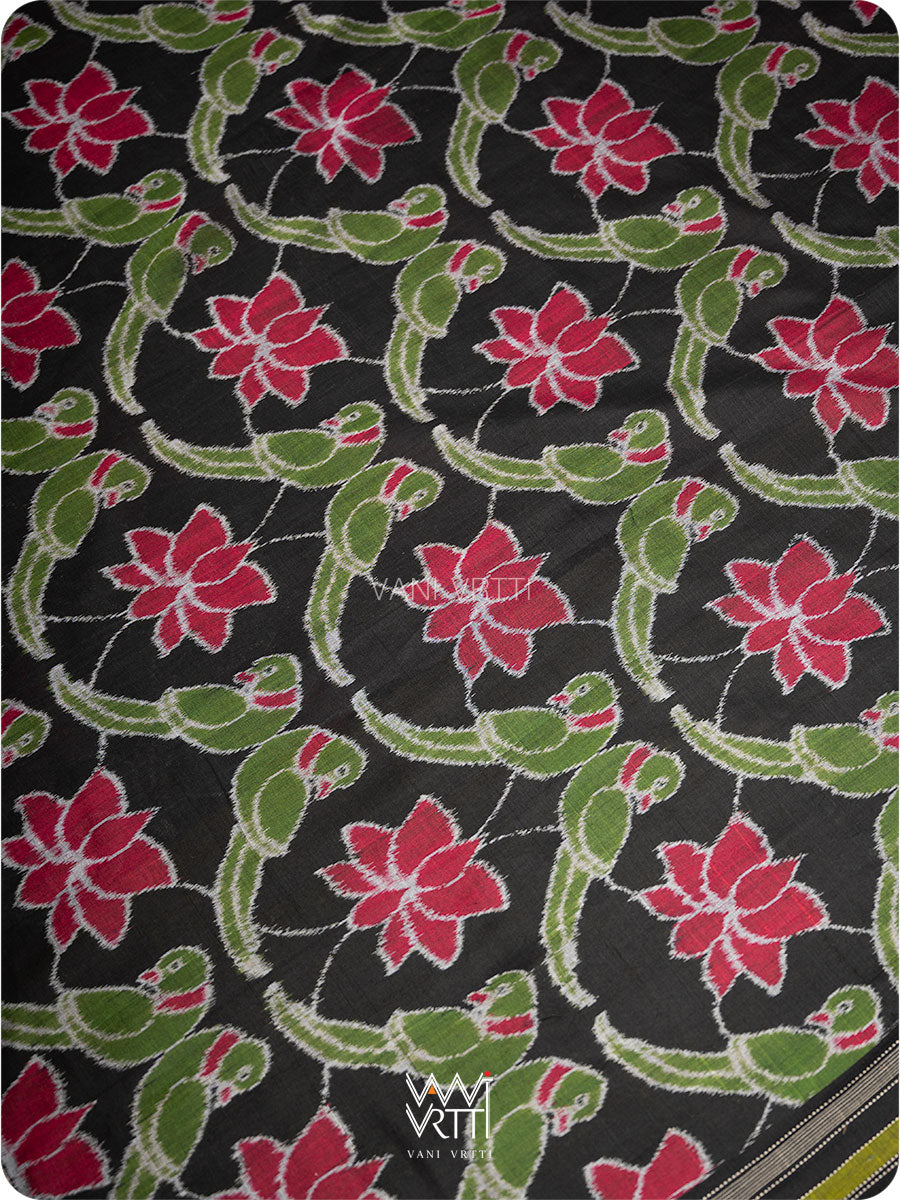 Black Lotus Parrot Fine Cotton Ikat Saree