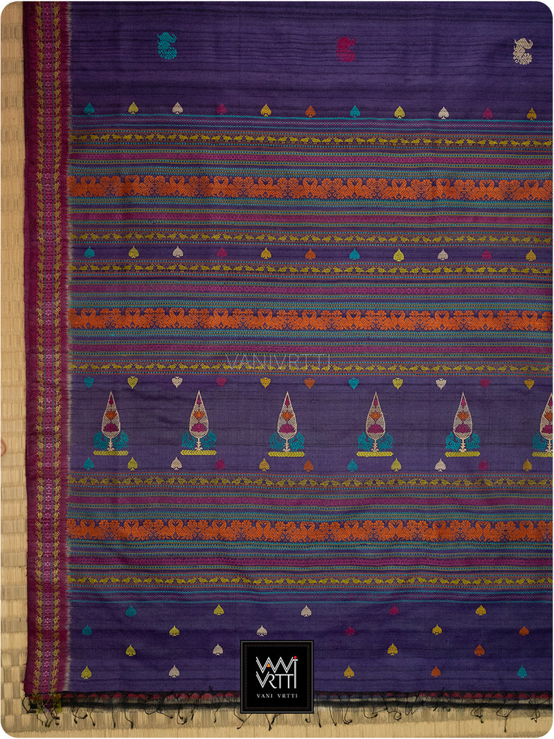 Deep Baingani Mulberry Pink Mughal Garden Exclusive Handspun Tussar Silk Saree