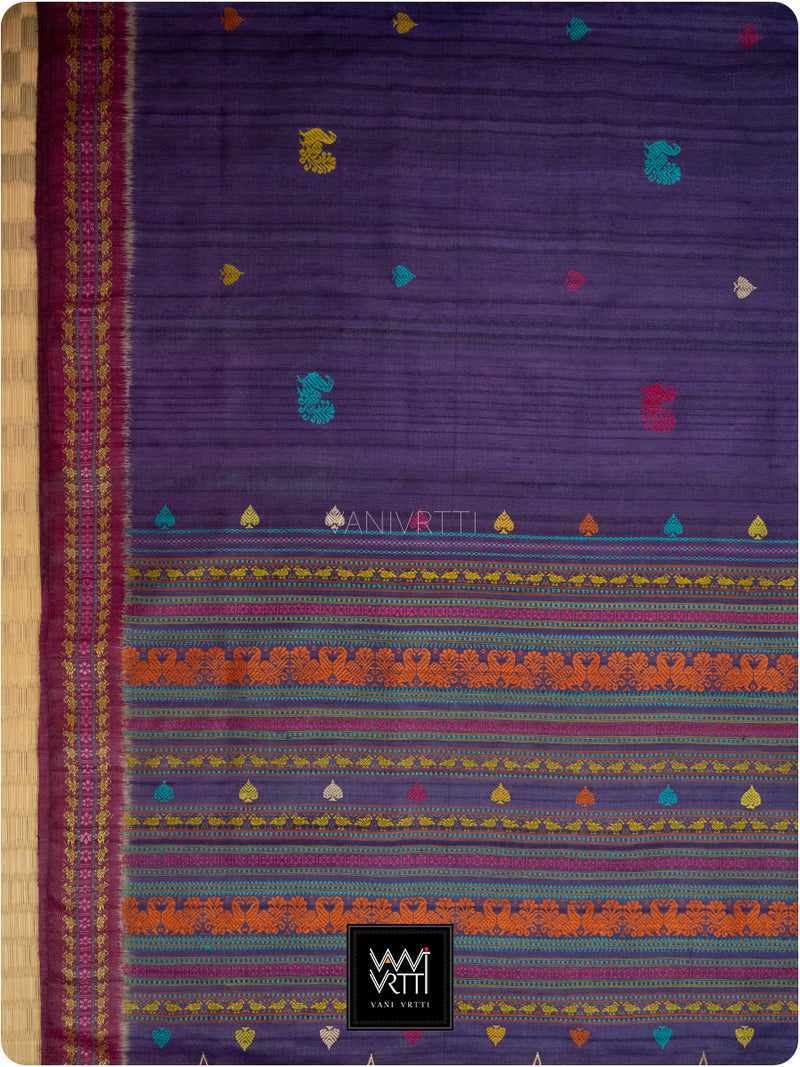 Deep Baingani Mulberry Pink Mughal Garden Exclusive Handspun Tussar Silk Saree