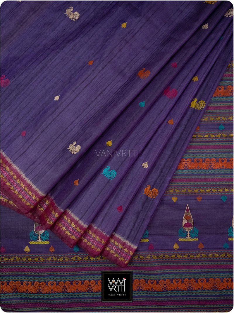 Deep Baingani Mulberry Pink Mughal Garden Exclusive Handspun Tussar Silk Saree