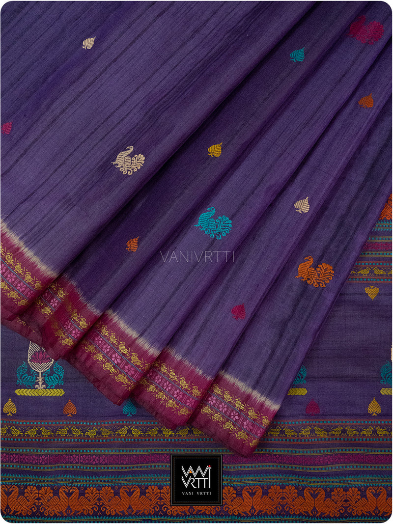 Deep Baingani Mulberry Pink Mughal Garden Exclusive Handspun Tussar Silk Saree