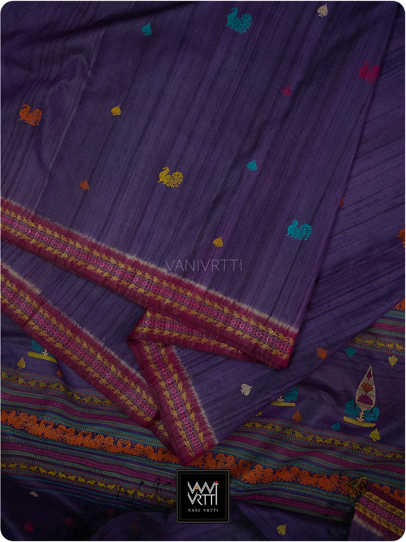 Deep Baingani Mulberry Pink Mughal Garden Exclusive Handspun Tussar Silk Saree