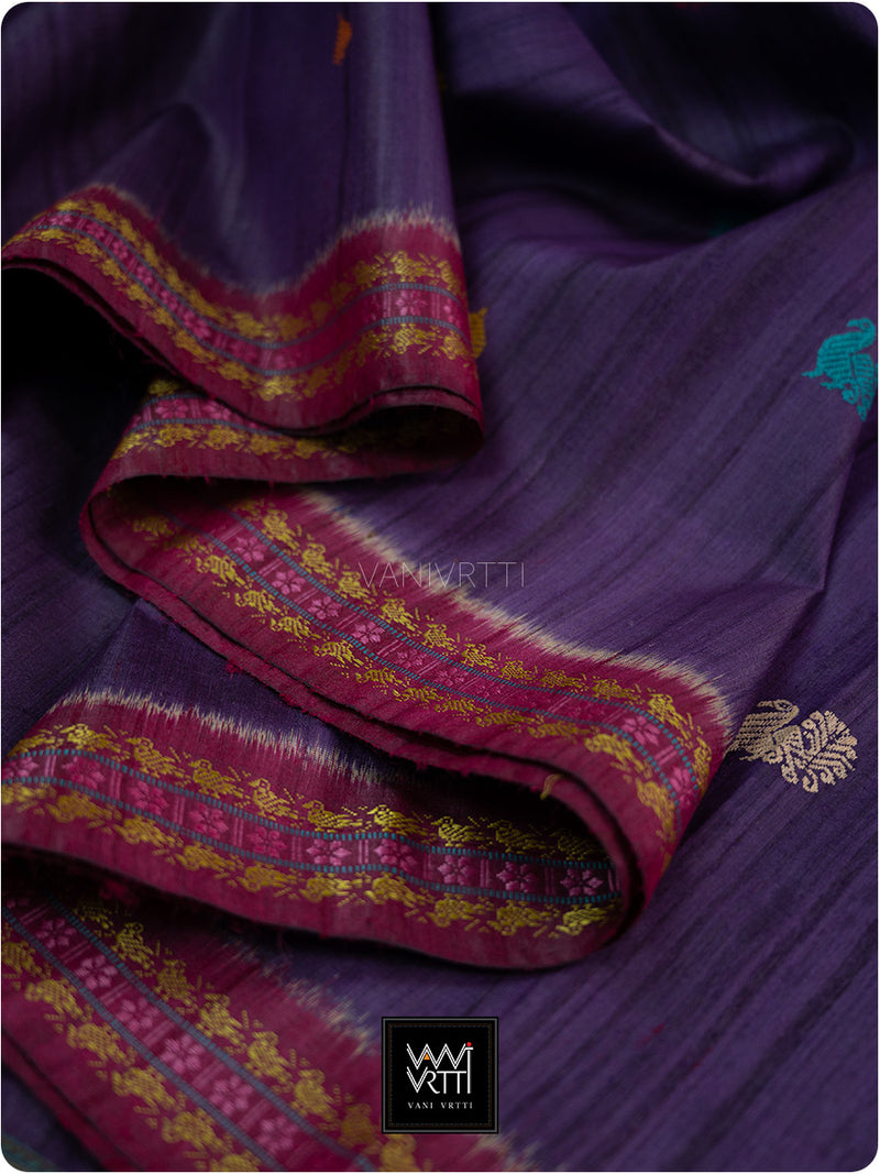 Deep Baingani Mulberry Pink Mughal Garden Exclusive Handspun Tussar Silk Saree