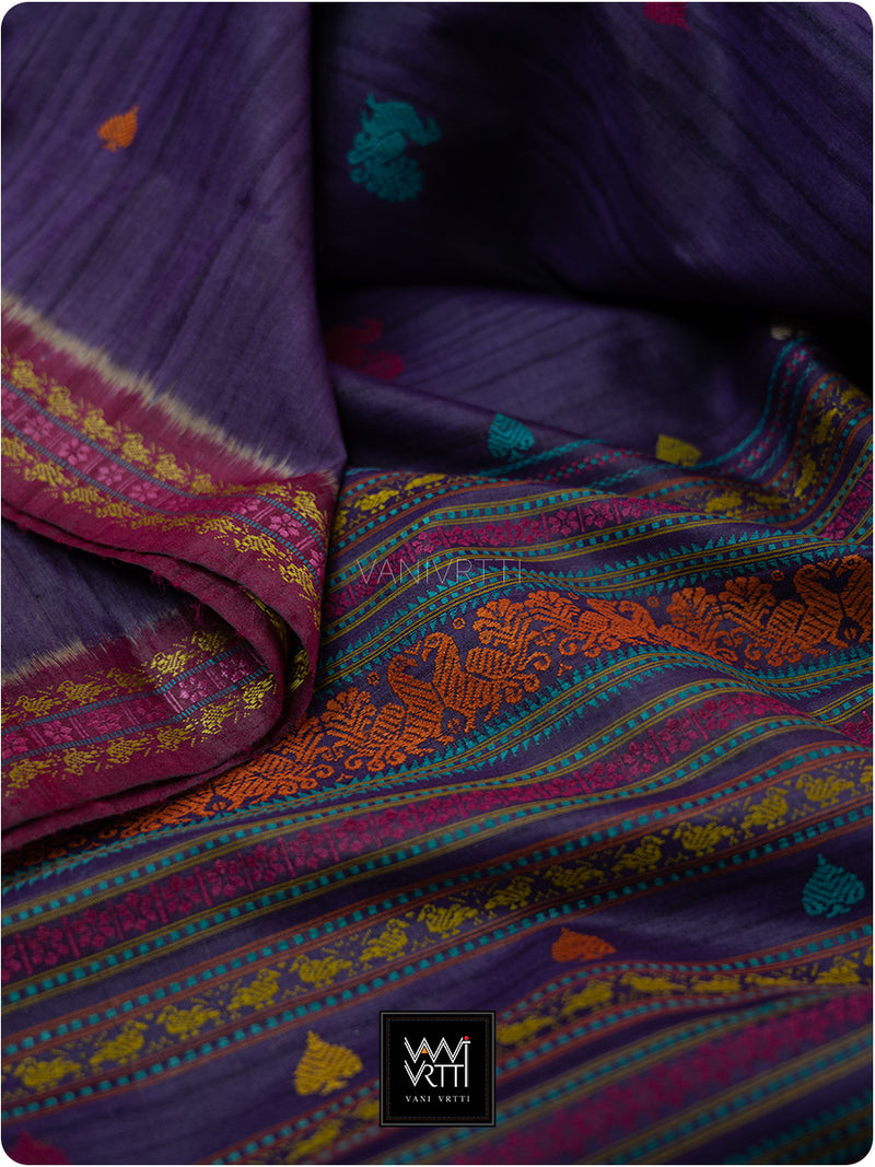 Deep Baingani Mulberry Pink Mughal Garden Exclusive Handspun Tussar Silk Saree
