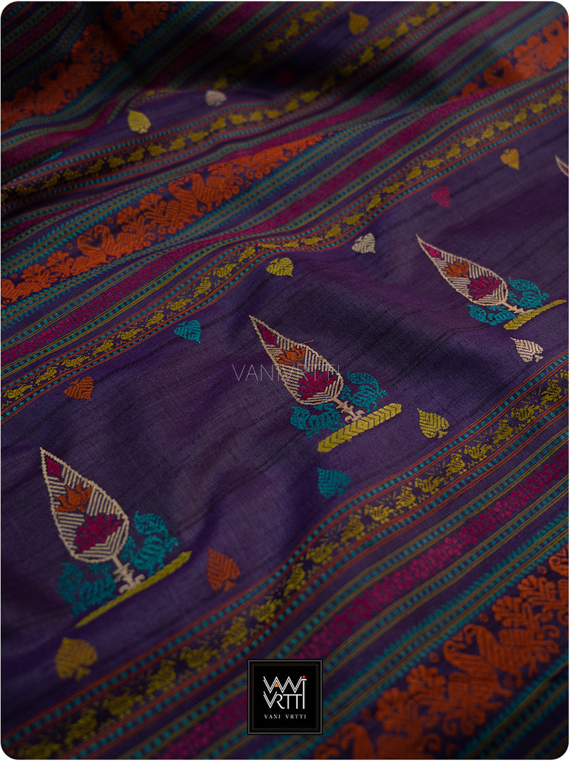 Deep Baingani Mulberry Pink Mughal Garden Exclusive Handspun Tussar Silk Saree