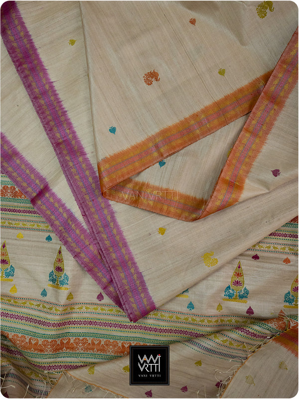 Off White Rani Narangi Mughal Garden Exclusive Handspun Tussar Silk Saree