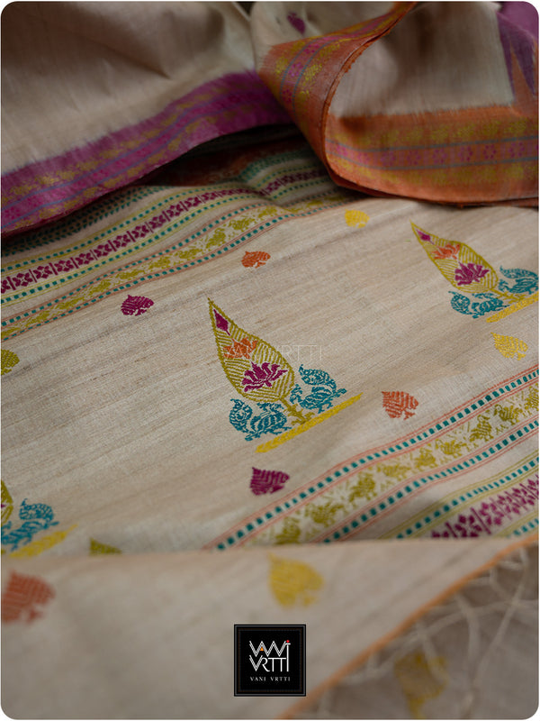 Off White Rani Narangi Mughal Garden Exclusive Handspun Tussar Silk Saree