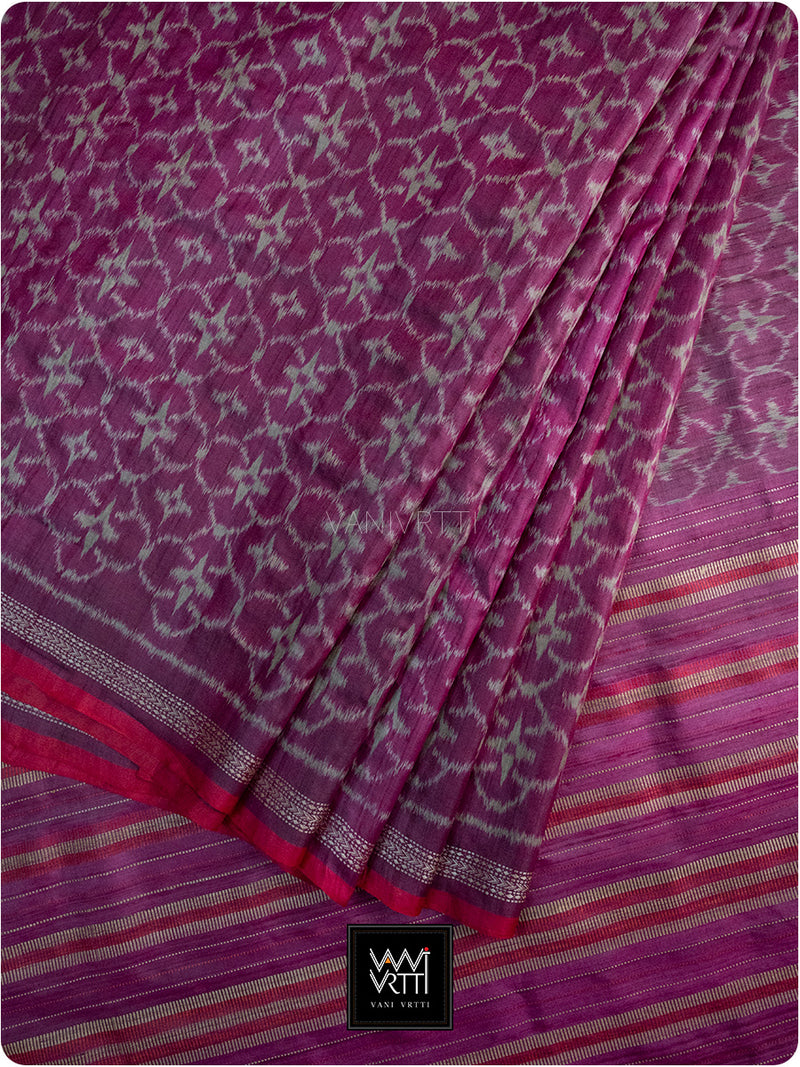 Deep Pink Chrysanthemum Master Weave Designer Handspun Ikat Tussar Silk Saree