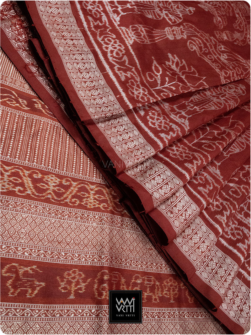 Brick Red Tulsi Prakritik Madder Natural Dyed Mulberry Silk Ikat Saree