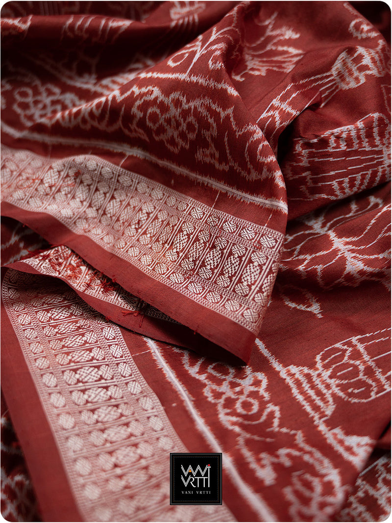 Brick Red Tulsi Prakritik Madder Natural Dyed Mulberry Silk Ikat Saree