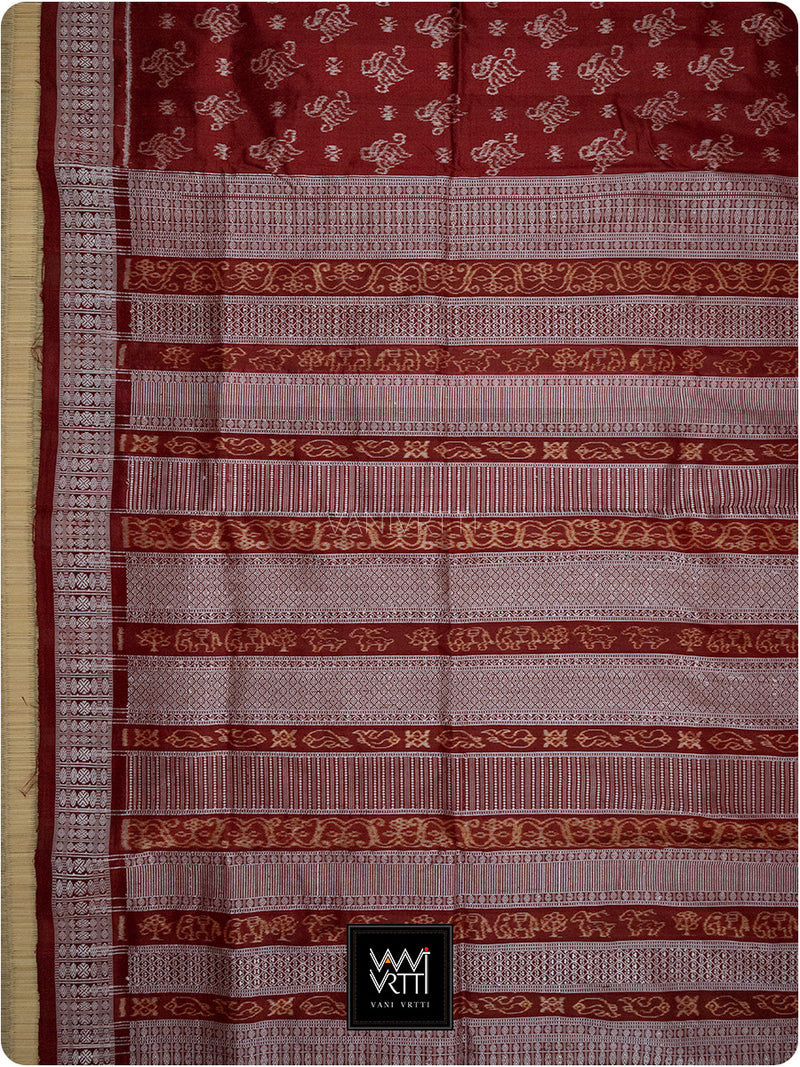 Red Fern Buta Prakritik Madder Natural Dyed Mulberry Silk Ikat Saree