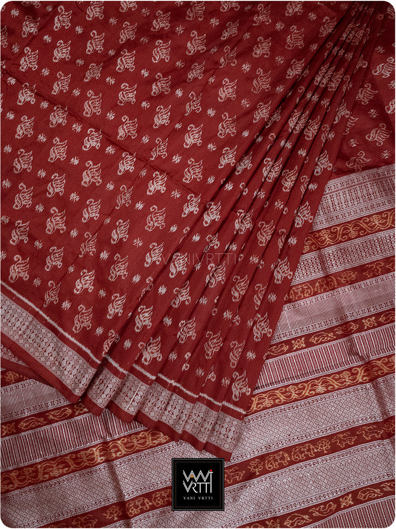 Red Fern Buta Prakritik Madder Natural Dyed Mulberry Silk Ikat Saree