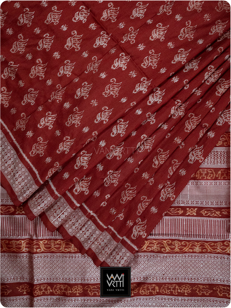 Red Fern Buta Prakritik Madder Natural Dyed Mulberry Silk Ikat Saree