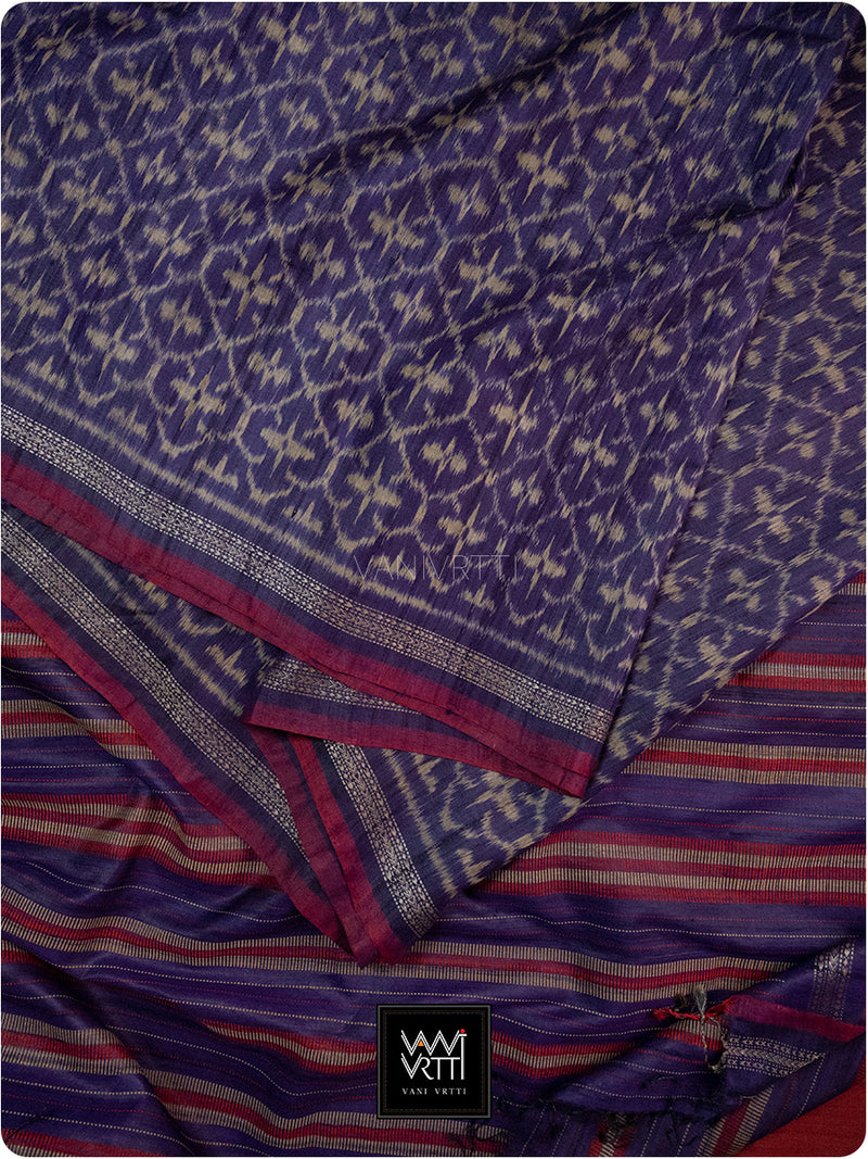 Deep Baingani Chrysanthemum Master Weave Designer Handspun Ikat Tussar Silk Saree