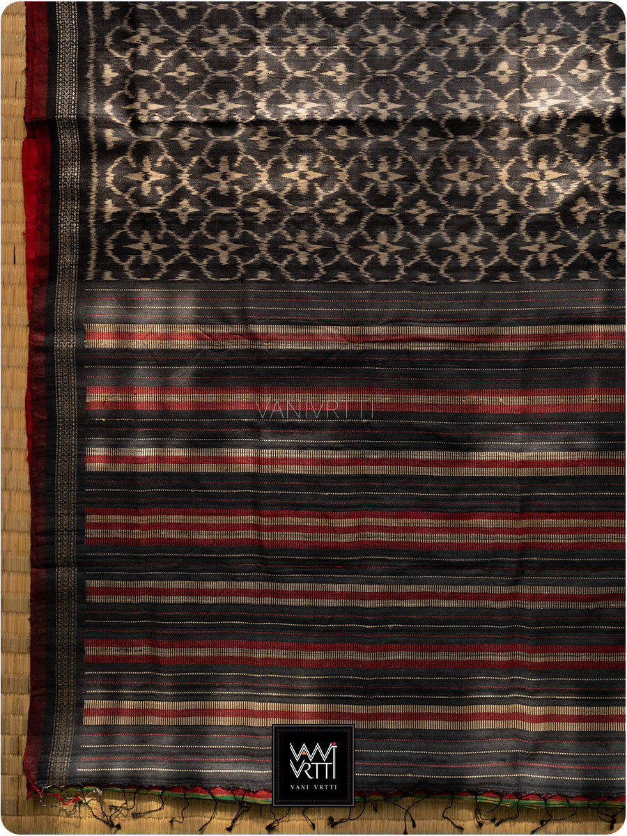 Black Red Chrysanthemum Master Weave Designer Handspun Ikat Tussar Silk Saree