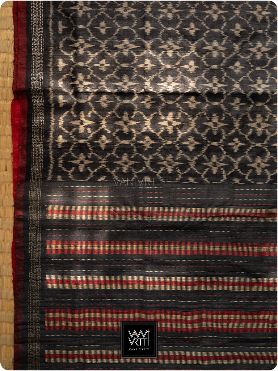 Black Red Chrysanthemum Master Weave Designer Handspun Ikat Tussar Silk Saree