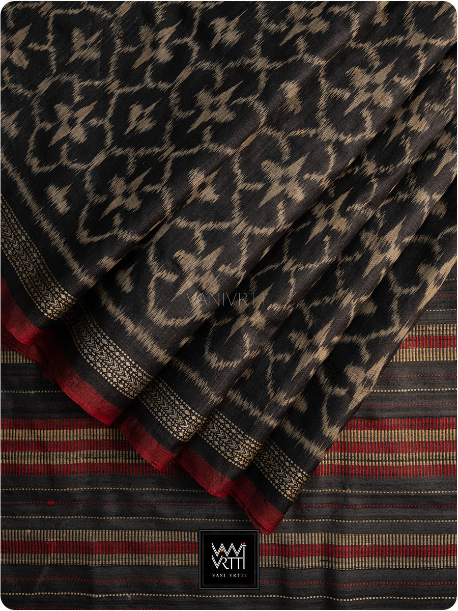 Black Red Chrysanthemum Master Weave Designer Handspun Ikat Tussar Silk Saree