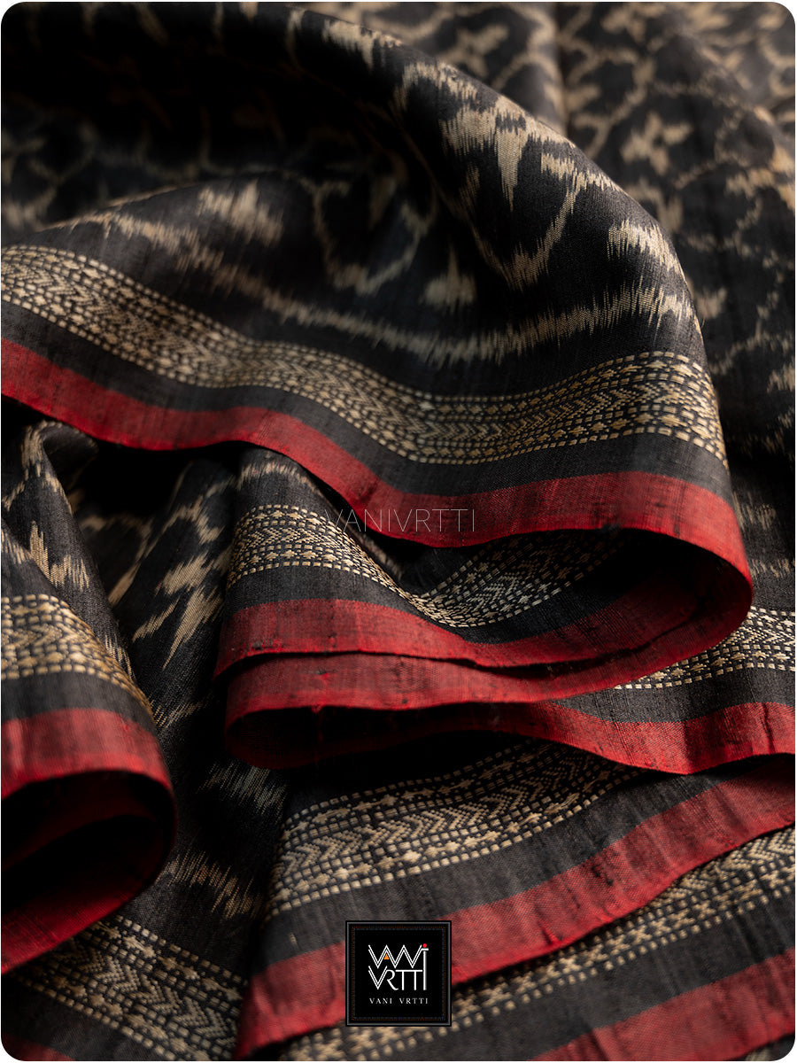 Black Red Chrysanthemum Master Weave Designer Handspun Ikat Tussar Silk Saree