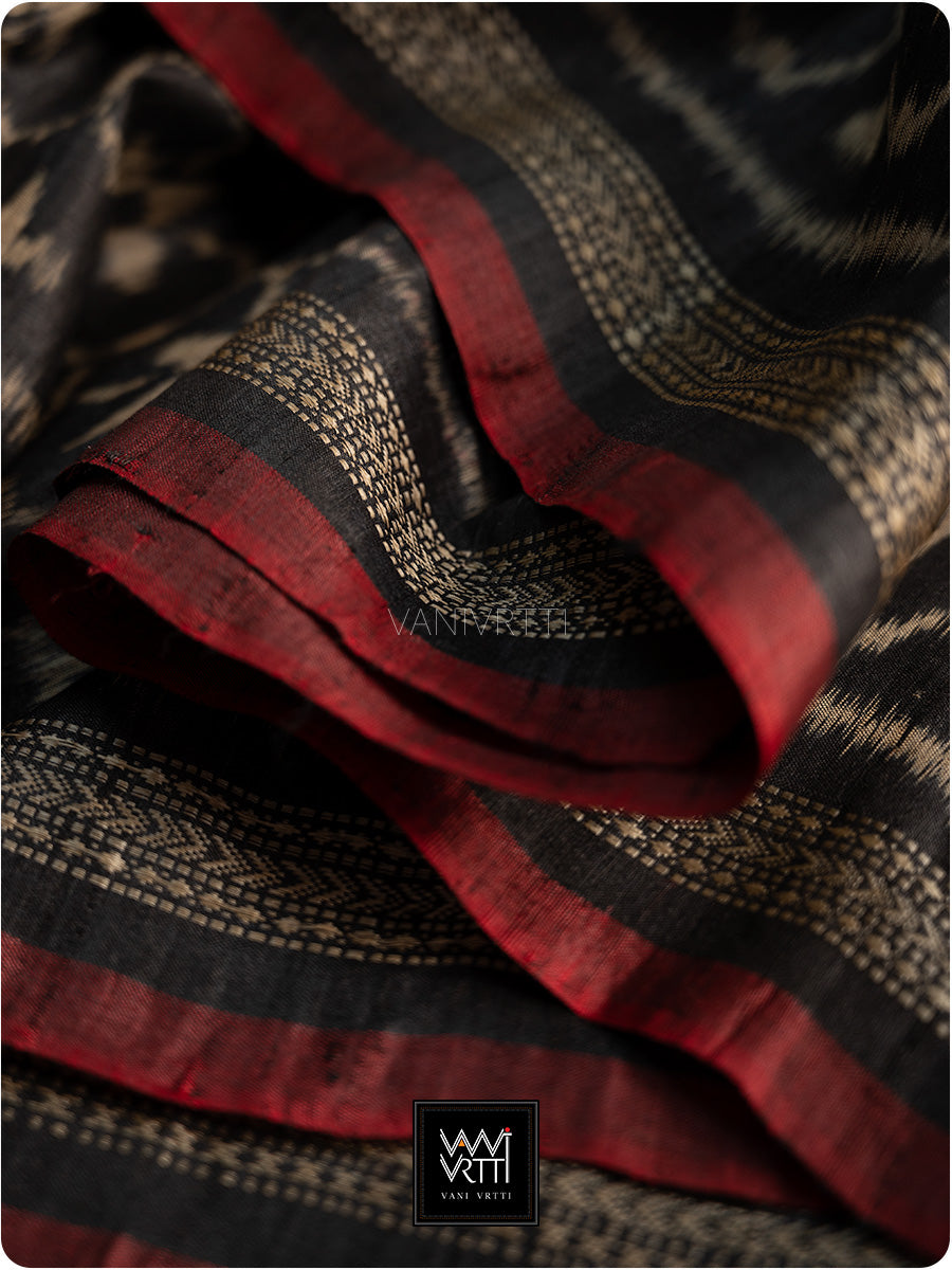 Black Red Chrysanthemum Master Weave Designer Handspun Ikat Tussar Silk Saree