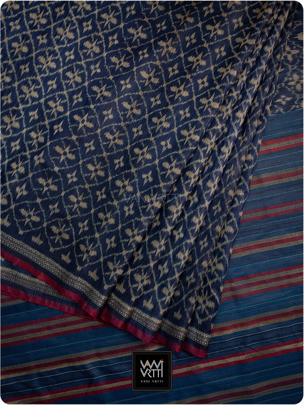 Deep Blue Chrysanthemum Master Weave Designer Handspun Ikat Tussar Silk Saree