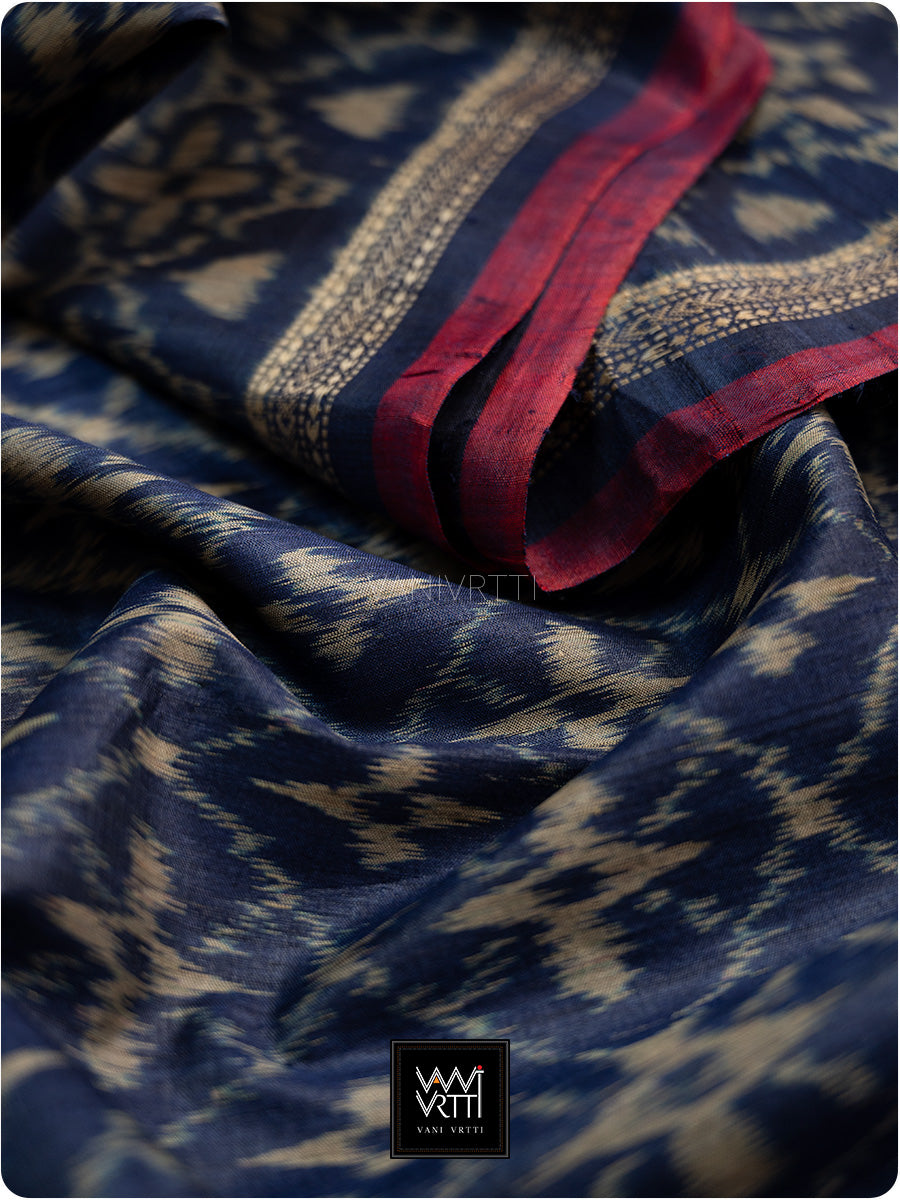 Deep Blue Chrysanthemum Master Weave Designer Handspun Ikat Tussar Silk Saree