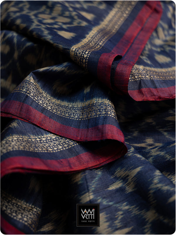 Deep Blue Chrysanthemum Master Weave Designer Handspun Ikat Tussar Silk Saree