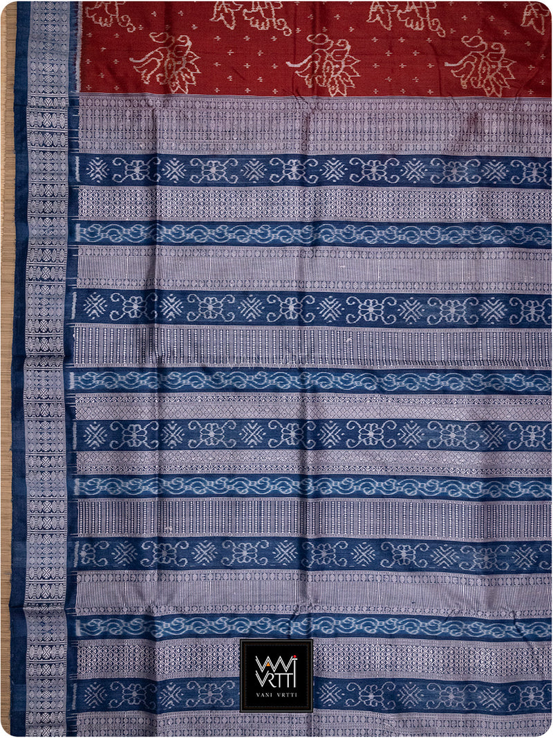 Brick Red Blue Passion Flower Phool Prakritik Madder & Indigo Natural Dyed Mulberry Silk Ikat Saree