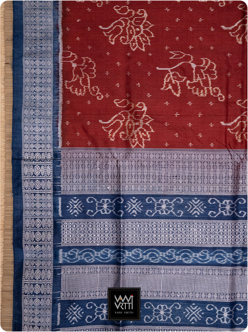 Brick Red Blue Passion Flower Phool Prakritik Madder & Indigo Natural Dyed Mulberry Silk Ikat Saree