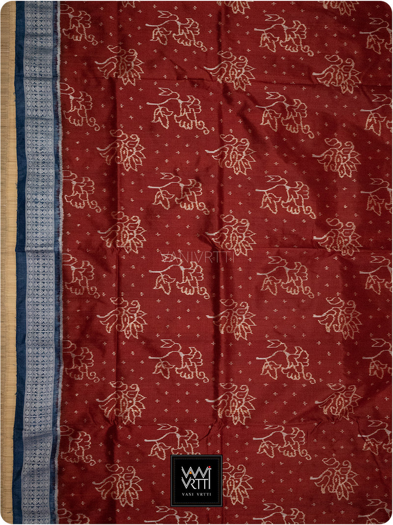 Brick Red Blue Passion Flower Phool Prakritik Madder & Indigo Natural Dyed Mulberry Silk Ikat Saree