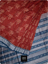 Brick Red Blue Passion Flower Phool Prakritik Madder & Indigo Natural Dyed Mulberry Silk Ikat Saree