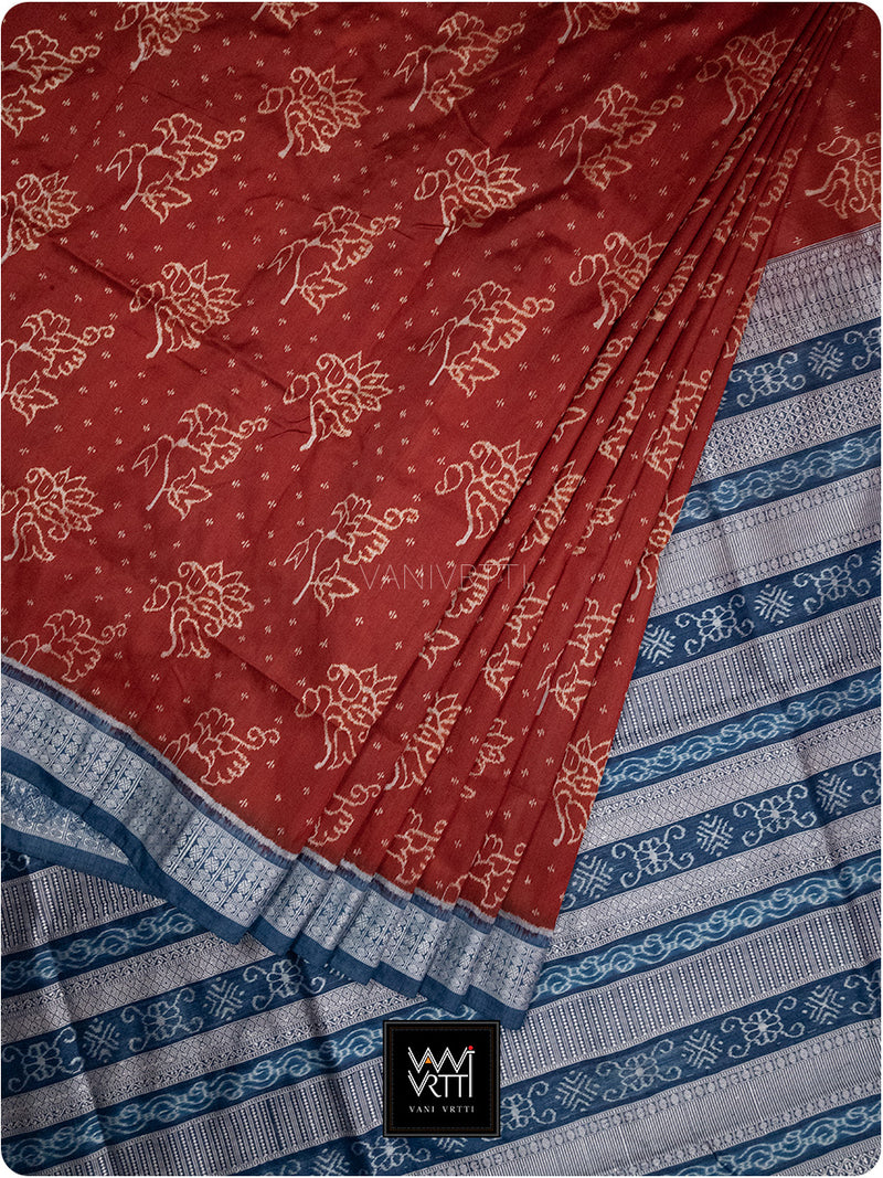 Brick Red Blue Passion Flower Phool Prakritik Madder & Indigo Natural Dyed Mulberry Silk Ikat Saree