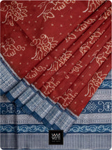 Brick Red Blue Passion Flower Phool Prakritik Madder & Indigo Natural Dyed Mulberry Silk Ikat Saree