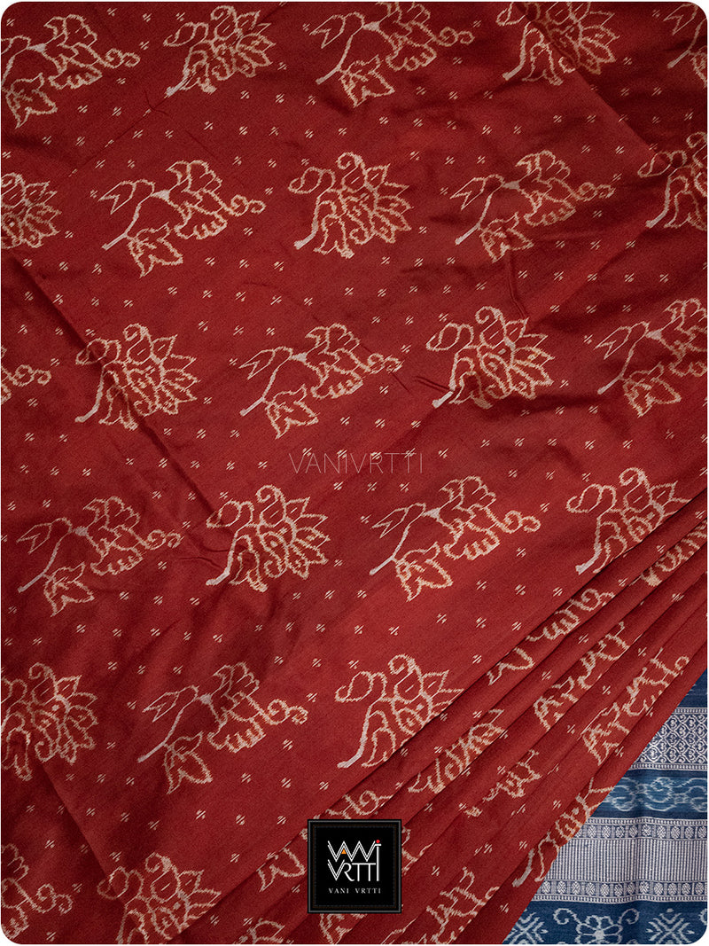 Brick Red Blue Passion Flower Phool Prakritik Madder & Indigo Natural Dyed Mulberry Silk Ikat Saree