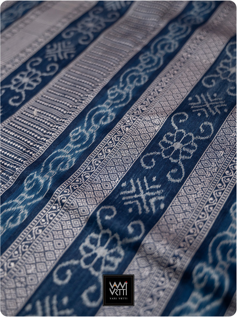 Brick Red Blue Passion Flower Phool Prakritik Madder & Indigo Natural Dyed Mulberry Silk Ikat Saree