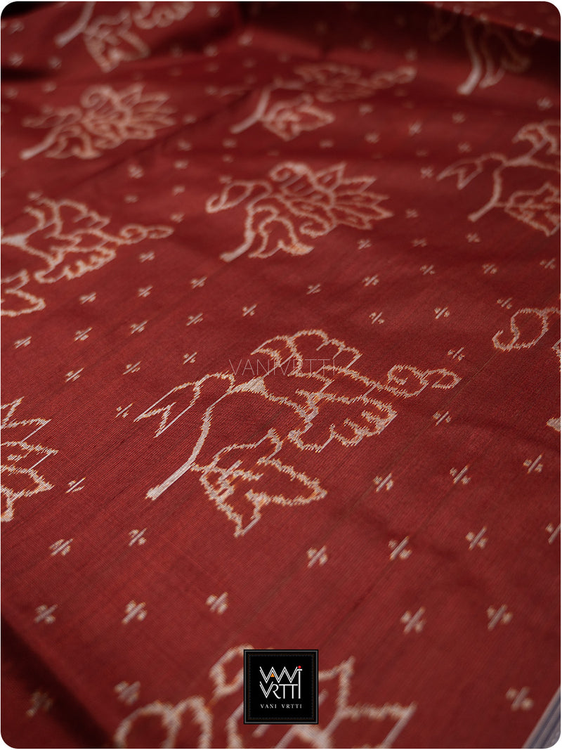 Brick Red Blue Passion Flower Phool Prakritik Madder & Indigo Natural Dyed Mulberry Silk Ikat Saree