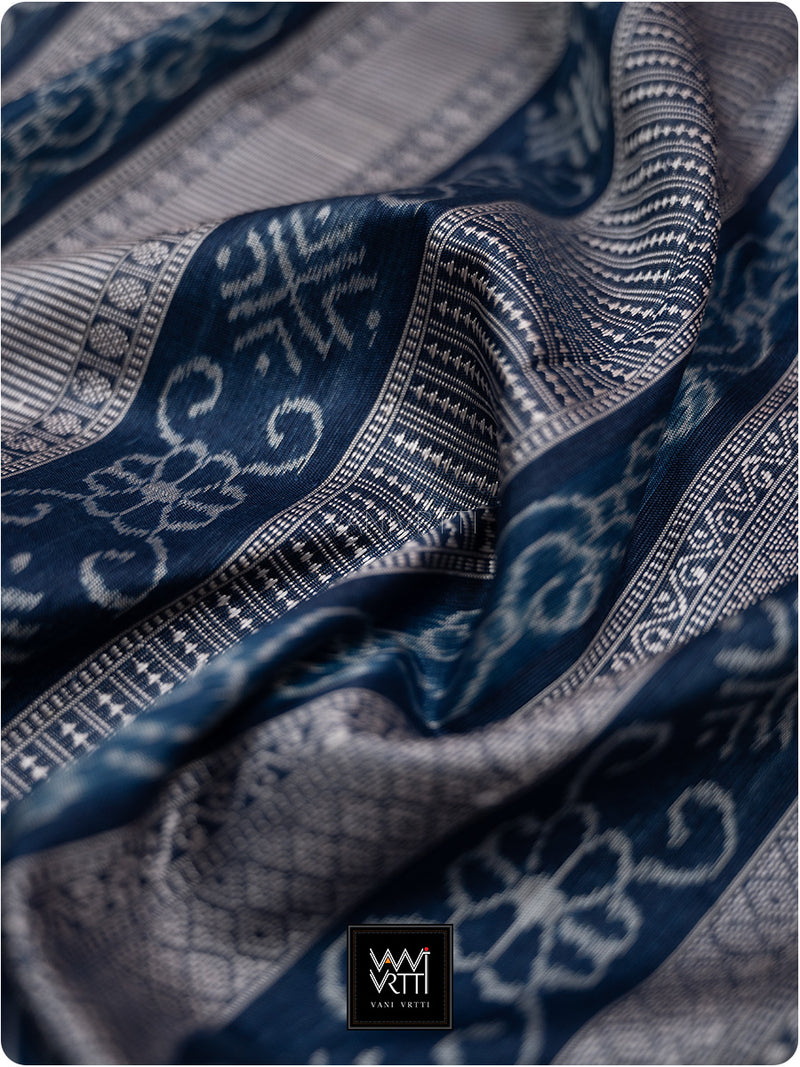 Brick Red Blue Passion Flower Phool Prakritik Madder & Indigo Natural Dyed Mulberry Silk Ikat Saree
