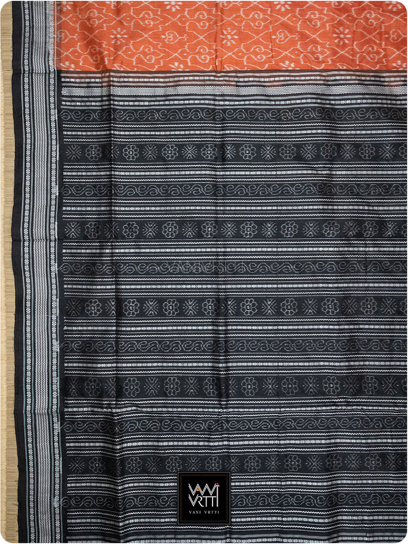 Orange Black Mughal Jaali Prakritik Madder, Haldi & Iron Rust Natural Dyed Mulberry Silk Ikat Saree