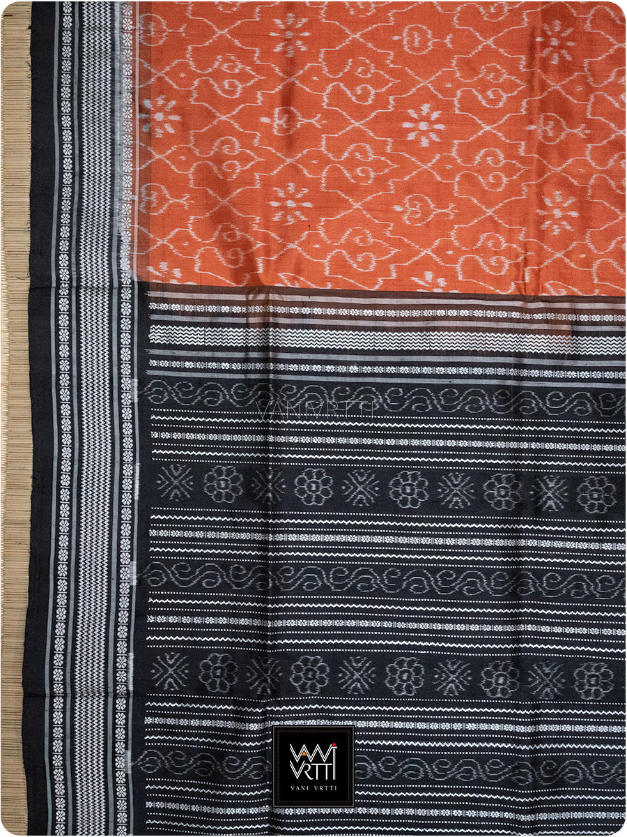 Orange Black Mughal Jaali Prakritik Madder, Haldi & Iron Rust Natural Dyed Mulberry Silk Ikat Saree