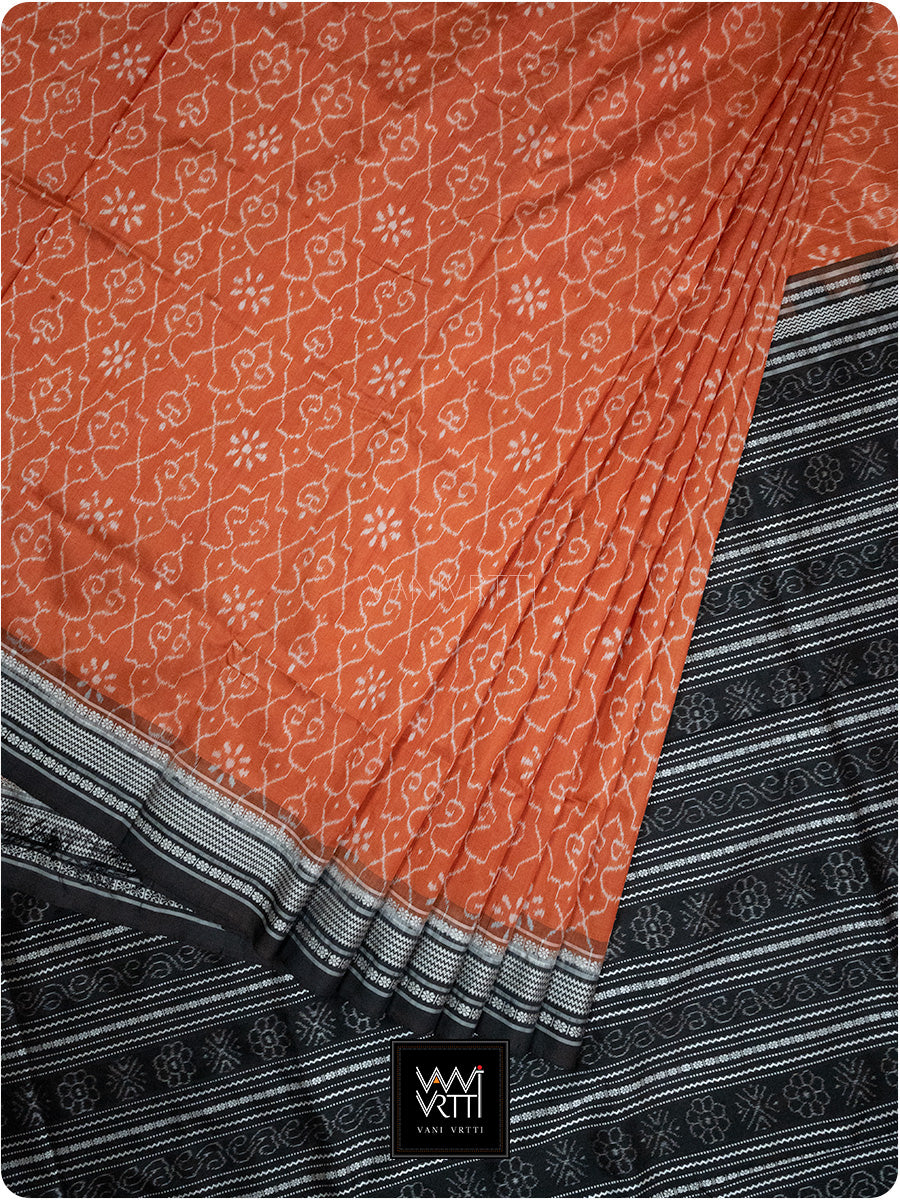 Orange Black Mughal Jaali Prakritik Madder, Haldi & Iron Rust Natural Dyed Mulberry Silk Ikat Saree